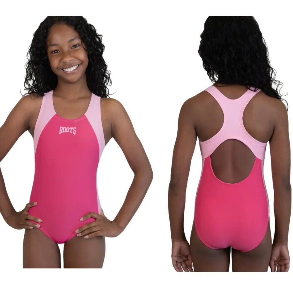 Roots Girls One Piece Swimsuit 16 Pink Colorblock NWOT